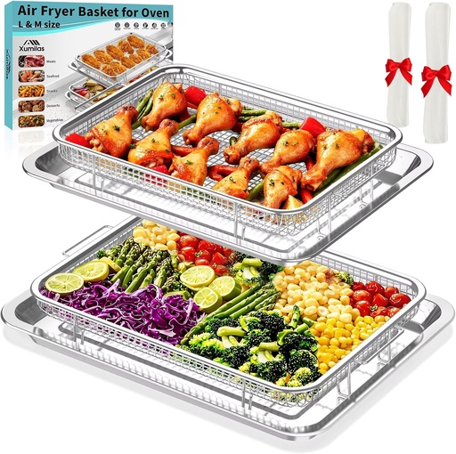 [BRSREZD6B4PAMC3B] Air Fryer Basket for Oven, 2 Set Stainless Steel Pan & Crisper Tray (15"x11" &12.8"x9.7") with 60 Parchment Papers, Family-Size Non-Stick Oven Basket for Baking Chicken, Fries, Dishwasher Safe