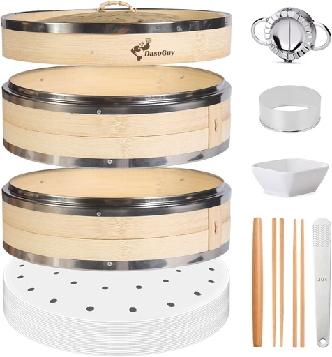 [BRSREYI7B4FBG2D4] Bamboo Steamer Basket, Stainless Steel Reinforced Rim, 10-Inch 2-Tier Steamer for Cooking, 50 Liners Chopsticks Sauce Dish Dumpling Makers, Steaming Asian Food Bao Buns Dim Sum Rice Veggies Steam Pot