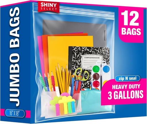 [BRSROAQTBMIQ2ADL] Extra Large Plastic Storage Bags With Zipper Top 3 Gallon 16" x 18" Jumbo Size Bag Heavy Duty 3 Mil Thick Clear X-Large Big Zip Bags for Food Freezer Clothes Travel Moving (12)