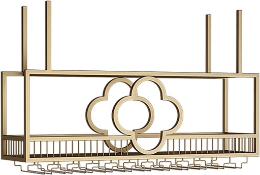 [BRSRAHYCO4NREHY3] Ceiling Wine Rack,Hanging Wine Rack with Wine Glass Holder,Wine Storage Stand with Stemware Hanger,Floating Home Bar Wall Shelves,Iron Wall Shelf for Kitchen,Wine Cellar,Black/Gold