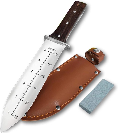 [BRSWY2Y6BMHWG3Y4] gonicc Professional Hori Hori Garden Knife with Leather Sheath, Protective Handguard, High polished 440 Stainless Steel Blade, Sharpening Stone Included, for Weeding, Digging, Pruning, and Cultivating