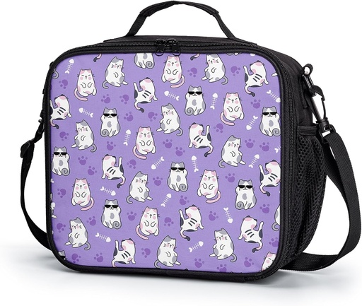 [BRSREZAFCIGW2HTB] Cat Lunch Box for Girls Boys Cute Kitten Animal Pattern Kids Lunch Bag Kawaii Purple Insulated Lunchbox Reusable Cooler Tote Box Lunch Pail for School Work Picnic Travel