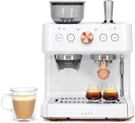 [BRSW2BQYOIJWYCTB] Café Bellissimo Semi Automatic Espresso Machine + Milk Frother | WiFi Connected, Smart Home Kitchen Essentials | Built-In Bean Grinder, 15-Bar Pump & 95-Ounce Water Reservoir | Matte White