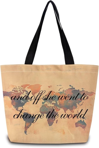 [BRSREZQCOANQMFL4] World Map Tote Bag Reusable Grocery Bags Aesthetic Shopping Shoulder Handbag with Interior Zipper Pocket Stylish World Map Present for Travellers Women