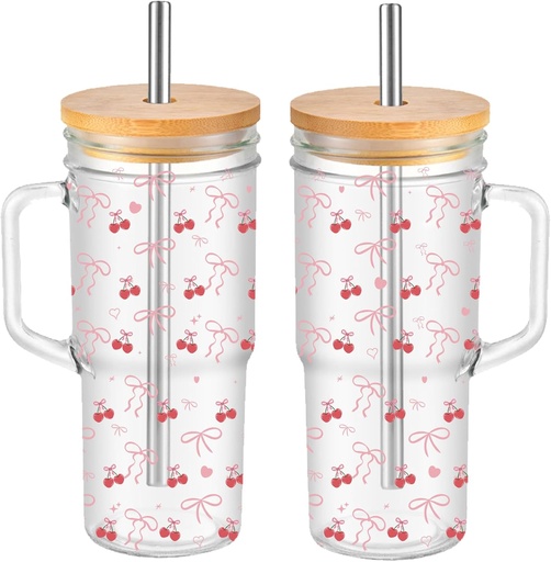 [BRSREHAROEIBA33L] Coquette Aesthetic Glass Cup with Bow - 24 oz Dainty Pink Bow Iced Coffee Cup,Tumbler Smoothie with Cleaning Brush, Glass Cups with Lid and Straw Gifts for Girls Women Friend Birthday, Valentine's Day