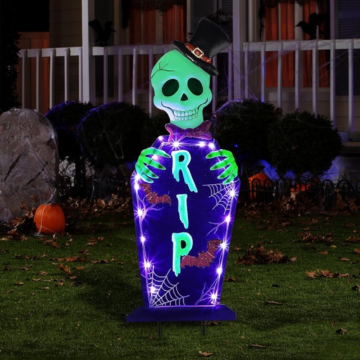 [BRSRAZIBOUHGGC3D] Joliyoou Halloween Yard Stake, 26.4" Solar Lighted Metal Tombstone with Glow in The Dark Ghosts, 18 LED Purple Lights Spooky Yard Sign for Outdoor Front Door Yard Lawn Garden Decorations