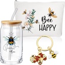 Hushee 3 Pcs Bee Theme Gifts for Women Happy Makeup Bag and Glass Cup with Lid Straw Keychain Inspirational Gifts for Mom Friend Sister Coworker