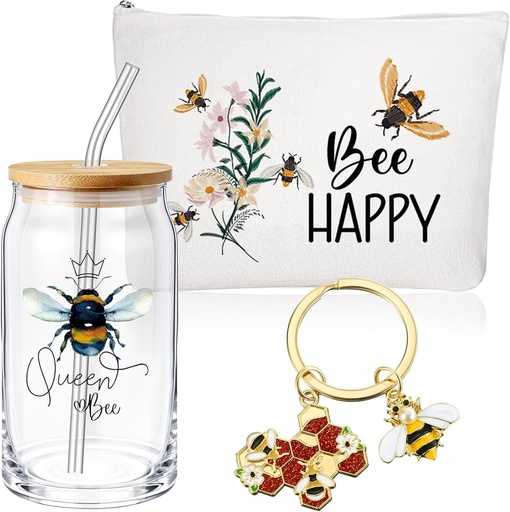 [BRSROGIHARYQMHL7] Hushee 3 Pcs Bee Theme Gifts for Women Happy Makeup Bag and Glass Cup with Lid Straw Keychain Inspirational Gifts for Mom Friend Sister Coworker