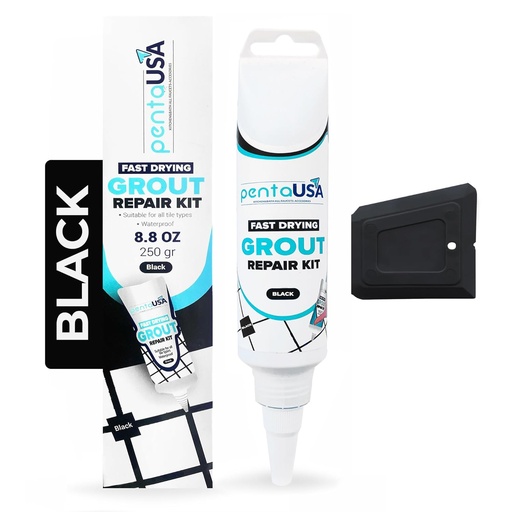 [BRSRMZYLOZYWE3L7] PentaUSA Tile Grout Repair Kit - Black Grout Filler, Triple Protection, Fast Drying Formula Restores and Renews Joint Lines (Black, 8.8oz / 250gr)