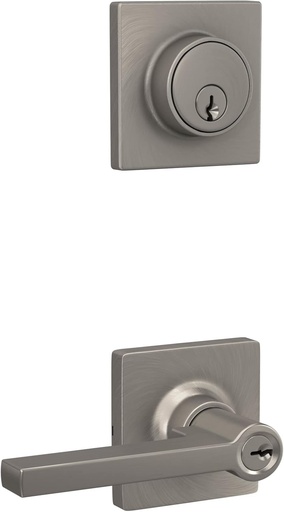[BRSROZD6BYIBOHTG] Lock Scout Straight Lever with Square Trim Keyed Entry Door Handle and Single Cylinder Deadbolt, Satin Nickel Finish