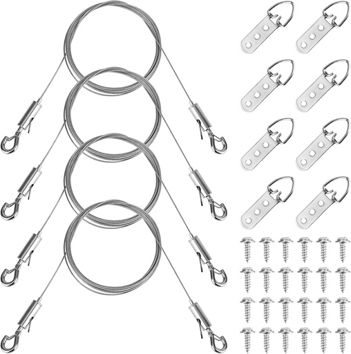 [BRSREFQFOYPGO233] Picture Hanging Wire Kit, Including 4 Adjustable Wires & 8 D Rings & 24 Screws 77lbs Capacity Painting Hangers Hardware Heavy Duty Picture Hanging Kit for Displaying Frames Mirrors Canvas Wall Art