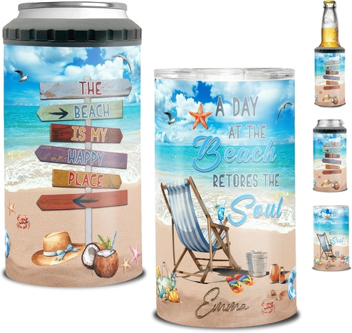 [BRSROGQEBUPRSDLO] Dorris A Day At The Beach Restore The Soul Can Cooler Tumbler Customized Name Cans 4-in-1 Insulated 16oz Beer Holder Cups With Lid Water Bottle Personalized Beach Gifts Birthday For Girls