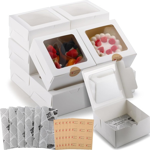 [BRSROGD3O4FRSD35] Geyee 80 Pcs White Bakery Boxes with Window, 6 x 6 x 3 Inch Disposable Cookie Boxes Treat for Cake, Dessert, Donuts, Muffins, Pastries, Contains 100 Deli Wax Paper and 100 Sealing Stickers