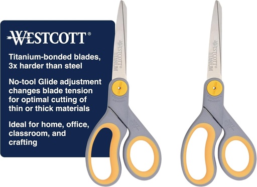 [BRSWIYQZOMCRUC3I] Westcott 8” Titanium Bonded Scissors with Adjustable Glide and Soft Handle, 2-Pack- Durable Multipurpose Scissors for Office, Home, and School Use, Sharp Precision Blades for Everyday Cutting