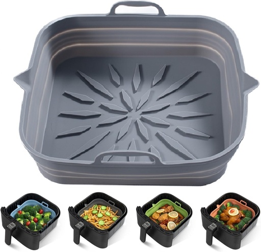 [BRSRAFAECBYWCD37] Reusable Silicone Air Fryer Liners (2-Pack) – 8.5” Square, Non-Stick & Easy to Clean, Heat-Resistant Basket for 4-7 Qt Air Fryers – Grey & Black