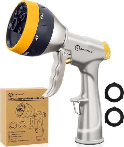 [BRSRMFA7C4NRO3Y4] AUTOMAN Garden Nozzle Sprayer, High Pressure Spray Nozzle, 100% Metal Water Hose Nozzle, 7 Patterns Watering Nozzle, Heavy Duty Sprayer Garden Nozzle for Watering Plants & Lawns, Washing Cars & Pets