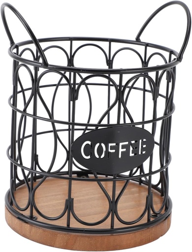 [BRSREAQKAAFRE33Z] Coffee Pod Holder, Wire Metal Countertop Coffee Pod Basket Round Decorative Tea Bag Sugar Capsule Holder with Wooden Base for Cafe Kitchen Bar Organizer (Black)
