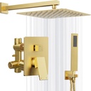 Gold Shower System, 10'' Square Rainfall Shower Head with Handheld Combo Spray, Bathroom Brushed Gold Shower Faucet Set with Valve, 59'' Shower Hose, Shower Trim Kit and Diverter, Wall Mounted