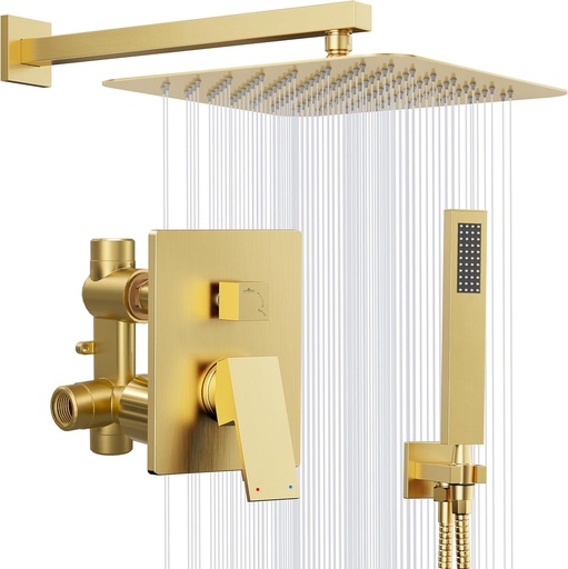 [BRSRAFQOOECA43I4] Gold Shower System, 10'' Square Rainfall Shower Head with Handheld Combo Spray, Bathroom Brushed Gold Shower Faucet Set with Valve, 59'' Shower Hose, Shower Trim Kit and Diverter, Wall Mounted
