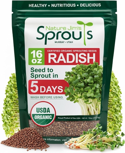 [BRSWYGQEPMFWGG3F] Nature Jims Radish Sprout Seeds – 16 Ounce Organic Sprouting Seeds – Non-GMO Premium Radish – Resealable Bag for Longer Freshness Rich in Vitamins, Minerals, Fiber
