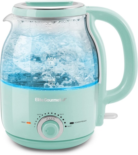 [BRSWYEA2CIHQKE3X] Elite Gourmet EKT1220M 1.2L Electric BPA-Free 1200W Glass Kettle, Temperature Dial Keep Warm Function, Cordless 360° Base, Blue LED Interior, Auto Shut-Off Function – Quick Boil, Mint