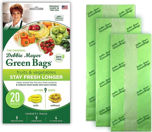 [BRSWIG35CV4AC2I3] Debbie Meyer, GreenBags 20-Pack (8M, 8L, 4XL) | Reusable Storage Bags Keeps Fruit, Vegetables, Produce, Cut Flowers Fresh Longer, Kitchen & Fridge Preservation Solution, BPA Free, Made in the USA