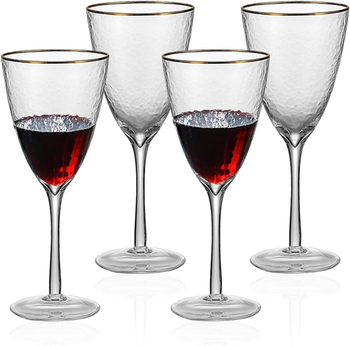 [BRSWYHQ2CAIQK3AY] Premium Wine Glasses set of 4, 12 oz Gold Rim Hammered Glassware for White and Red Wine Cocktail for Wedding Anniversary Christmas Birthday
