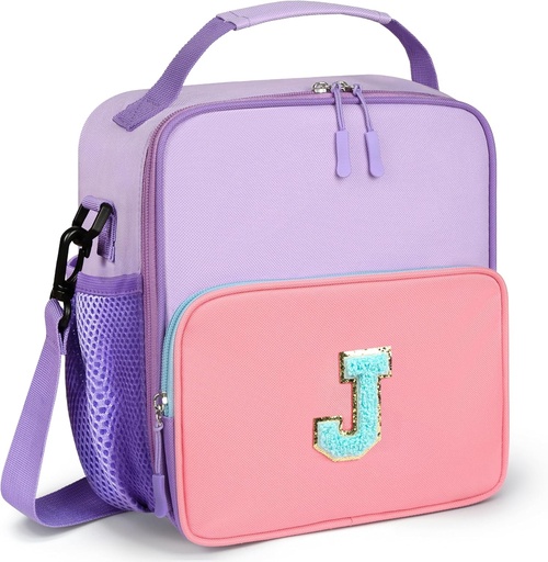[BRSREZAHPMBAMCTA] Insulated Lunch Box for Women Girls,Pink & Purple Bento Lunch Box for Kids Teens Girls Cute Lunch Bag with Chenille Letter Patch, Bento Bag for Kids,Adult (purple, J)