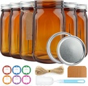 6 Pack Mason Jars 32 oz, Amber Wide Mouth Canning Jars with Airtight Lids, Glass Pint Jars with Bands Labels Brush, Large Storage Quart Jars for Jam Fermenting Preserving