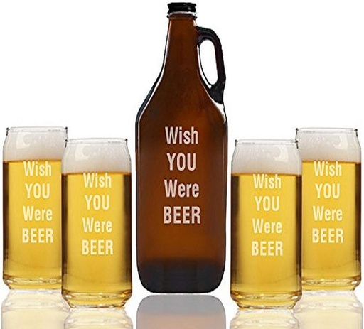 [BRSWECQZBYIR6HLA] "Wish YOU WERE BEER" Amber Growler & Can Glasses, Set of 5