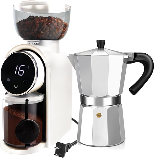 [BRSREHT3AB6BY3L5] 2 Cup Aluminum Espresso Stovetop Moka Pot Express Coffee Maker Percolator Italian Classic Mocha Coffee Machine with White Electric Coffee Grinder Touchscreen 2-14 Cup Conical Burr Coffee Grinde