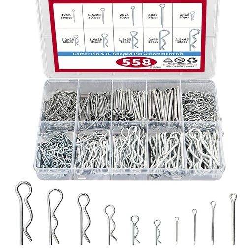 [BRSREFAQDEAQAC33] 558 Pcs Cotter Pin Assortment Kit, 10 Sizes 304 Stainless Steel R Clips Hardware Pins & Hairpin Cotter Pins Set, Spring Fasteners Hitch Pin for Trailer Locking, Trailer Clamps, Lawn Mowers