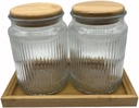 Decorative Glass Containers Canisters with Airtight Wooden Lids 2 PACK,Food Jar for Kitchen,Bathroom Bath Salts Decor Organizers Countertop Holder with Vanity Tray (Stripe Embossed, 23oz)