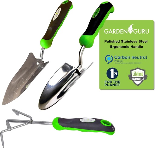 [BRSW2GAPAV7GEALH] Garden Guru Garden Tool Set 3pc Hand Trowel Transplanter Cultivator – Heavy Duty Rust Resistant Stainless Steel - Ergonomic Comfort Grip Handle – Perfect Gardening Tool Kit Gifts for Women & Men