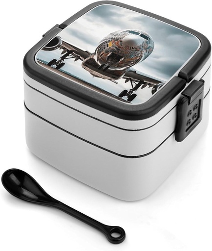 [BRSREHQROYIA2EL3] Personalize Double Layer Bento Box Airplane Art Lunch Box - Durable, Leak-Proof with Spoon Adult Premium Bento Case for Work Travel Camping