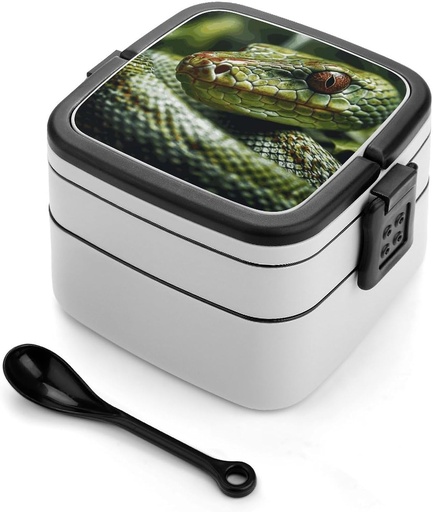 [BRSRA23ROZ7QIDLZ] Green Snake Bento Box with Compartments Double Layer Bento Lunch Box with Spoon And Handle All-in-One Adult Lunchbox Leakproof Lunch Container for Work Picnic Travel