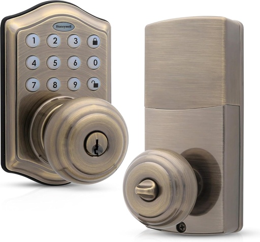 [BRSWKHALOIARCYD2] Honeywell Safes & Door Locks - Keyless Entry Smart Electronic Door Knob Lock with Digital Keypad - Auto Lock - 50 Different User Pin Codes - 1 Touch Locking - Antique Brass - 6.5x8.8x9 in - 8732101