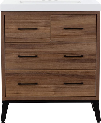 [BRSWYCATCV5GKAIV] Spring Mill Cabinets Rialta 31 Inch Modern Bathroom Vanity with White Single Sink Top, 3 Soft-Close Drawers, 31.06" W x 18.75" D x 36.66" H, Caramel Mist