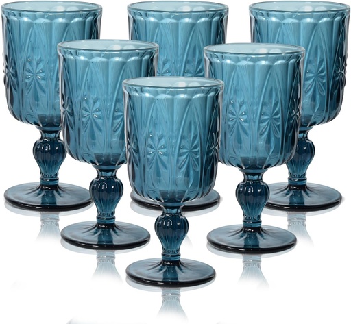 [BRSREFA2CICBE33P] Vintage Wine Glasses Set of 6, 12 OZ Colored Glass Water Goblets, Embossed Floral Decorative Crystal Glass Cups Set, Dishwasher Safe, for Wedding, Party, Bars, Restaurants, Blue