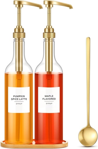 [BRSREGAPAEBRSAIZ] LemonRoad 2 Pack Coffee Syrup Dispenser for Coffee Bar 25.4 oz 750ml Plastic Syrup Dispenser Bottles with Bamboo Tray Pumps Scoop and Labels for Kitchen Bar Accessories