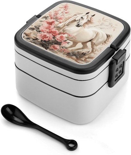 [BRSREHYBCFYGO234] Stackable Double-Layer Bento Box Horse Image Adults Lunchbox With Spoon Cute Japanese Bento Box Dishwasher Safe for Work Travel Dining Outc