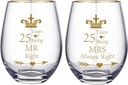 Pack of 2 Wine Glass Mr Right Mrs Always Right Wedding Engagement 25th Anniversary Cups for Couple Parents Tumbler 25 Years Anniversary Present Wine tumbler Cups