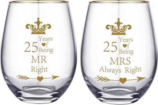 [BRSROGA7BYPWYFL4] Pack of 2 Wine Glass Mr Right Mrs Always Right Wedding Engagement 25th Anniversary Cups for Couple Parents Tumbler 25 Years Anniversary Present Wine tumbler Cups