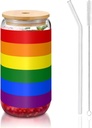 Cute Aesthetic 16oz Glass Cups with Lids and Straws, Lgbt Pride Flag Rainbow, Beer Style Iced Coffee Glasses, Perfect for Women, Smoothie and Boba Tea Cup