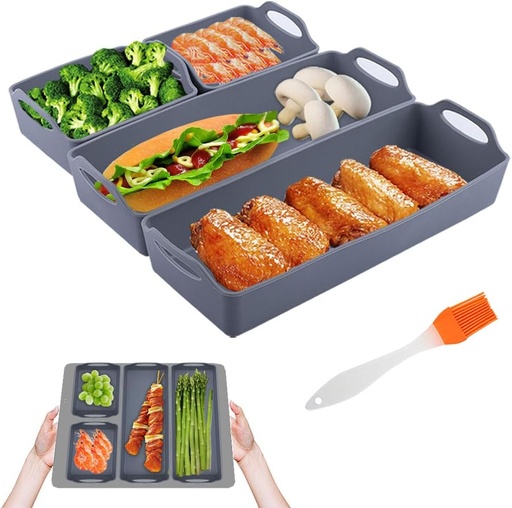 [BRSROAYRPJYWMDQV] 4 Pcs Silicone Baking Sheet Pan Dividers with Silicone Oil Brush, Sturdy Heatproof Handles Nonstick Tray Nonstick Divided Sheet Pan for Oven Microwave Fridge Dishwasher Safe (Grey)