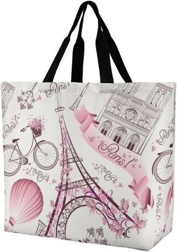 [BRSROAINCMMWAEL3] Reusable Grocery Bags, Reusable Shopping Bags Foldable with Handles Grocery Tote Bag Heavy Duty for Groceries Romantic Travel in Paris Printed, 40x40x16cm