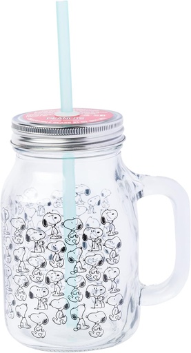 [BRSRACA5DJ7GAC3A] Silver Buffalo Peanuts Snoopy Pattern Glass Mason Jar with Handle, Lid, and Straw, 21 Ounces