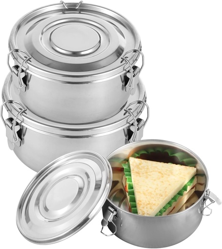 [BRSRAAQEAABAMYD2] 3 PCS Bento Box Set, 304 Stainless Steel Leak-Proof Food Storage Containers, Dishwasher Safe Lunch Boxes, Round Airtight Stainless Steel Containers, 660 ML 1040 ML 1950 ML Sizes