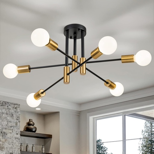 [BRSRMBIQOZ6BAFI4] 6-Light Modern Sputnik Chandeliers, Black Gold Semi Flush Mount Ceiling Light Fixture, Industrial Farmhouse Kitchen Lighting Fixtures Ceiling Mount for Living Room Bedroom
