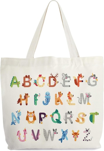 [BRSROCA3DF5GECI2] Animals Alphabets Canvas Tote Bag for Women, ABC Letters Learning Tote, Cute Animal Gift Bag, Library Book Bag, Teacher Tote Bags for Books, Shoulder Bag Gifts for Animal Lovers -12